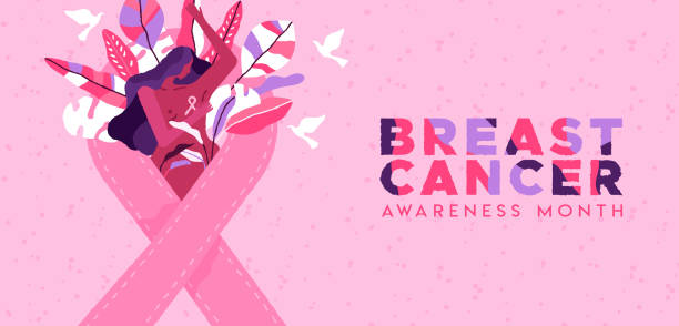 breast cancer month tropical leaf woman banner - beast cancer awareness month stock illustrations