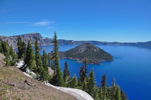 Crater Lake and Wizard Island on a sunny day