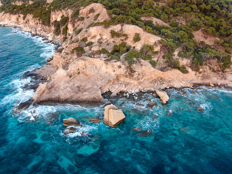 Yelken rocks are one of the most interesting natural formations of Izmir. Phokaia (Foca ), Izmir, Turkey. aerial photography with drone