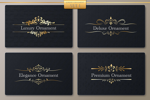 Ornament gold luxury vector set, premium design for decorative invitations card, frames, deluxe menu, product labels, Graphic design, cafe, boutiques, document, wedding invitations, website, packaging