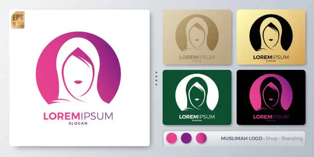 Vector illustration of women and hijab vector illustration Logo design. Blank name for insert your Branding. Designed with examples for all kinds of applications. You can used for company, indentity, fashion muslim lady.