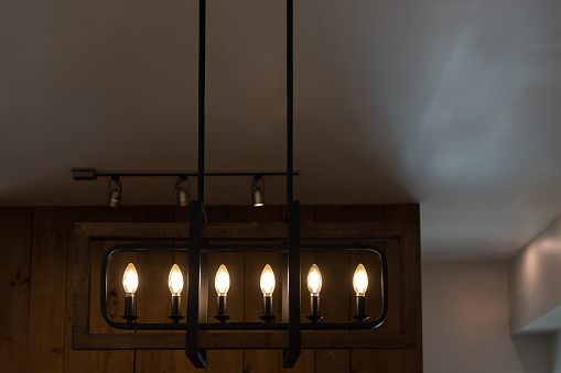 Decorative light bulbs hanging from the ceiling against wooden wall background