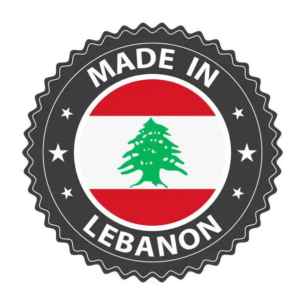 Vector illustration of Made in Lebanon badge vector. Sticker with stars and national flag. Sign isolated on white background.