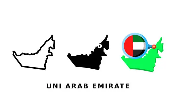 Vector illustration of United Arab Emirates flag and country icon. With outline, glyph and flat styles