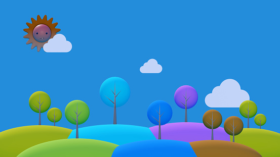 Colorful cartoon scene of tree on rice terrace hill with clear sky background (3D Rendering)