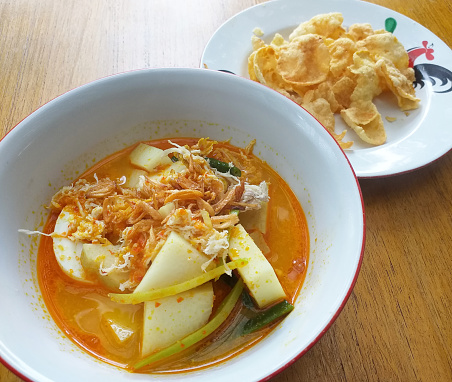 Lontong sayur is a traditional Indonesian Padangnese dish made of lontong rice cubes with vegetables and boiled egg in a coconut milk soup and common in Padang or West Sumatran restaurants serving masakan padang food.