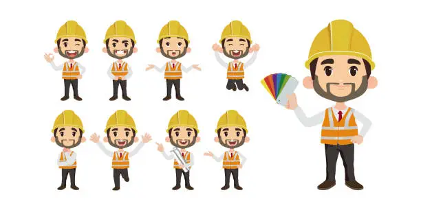 Vector illustration of Set of flat engineer with different poses