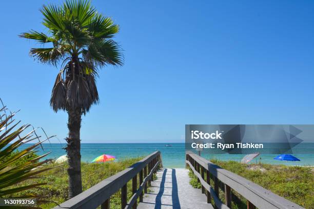 View Of Clear Blue Skies And Calm Ocean Waters On A Lovely Warm Sunny Summer Beach Day From The Boardwalk In St Petersburg Clearwater Beach In Florida Stock Photo - Download Image Now