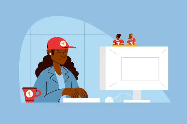 Vector illustration of Black Woman Sports Fan Shows Passion at Work Place For Team