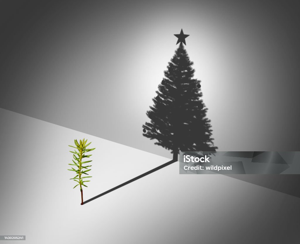 Holiday Season Aspirations Holiday Season Aspirations concept as a pine tree sapling dreaming of glory casting a shadow shaped as a tall decorated christmas tree with a star as a surreal winter celebration and hope metaphor for the spirit and potential of Christmas with 3D illustration elements. Christmas Tree Stock Photo Holiday Season Aspirations Holiday Season Aspirations concept as a pine tree sapling dreaming of glory casting a shadow shaped as a tall decorated christmas tree with a star as a surreal winter celebration and hope metaphor for the spirit and potential of Christmas with 3D illustration elements. Christmas Tree Stock Photo