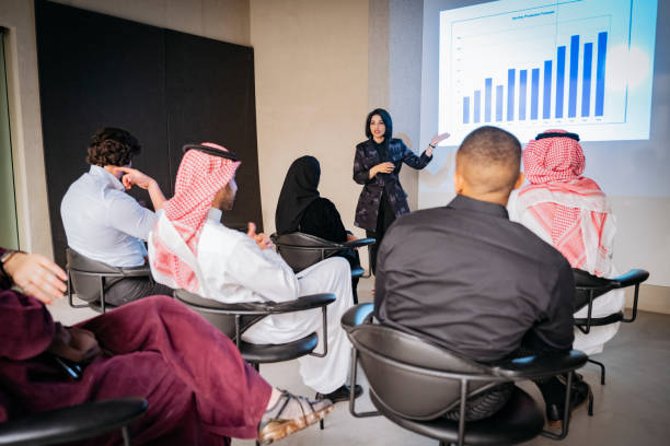 Middle Eastern business people listening to presentation
