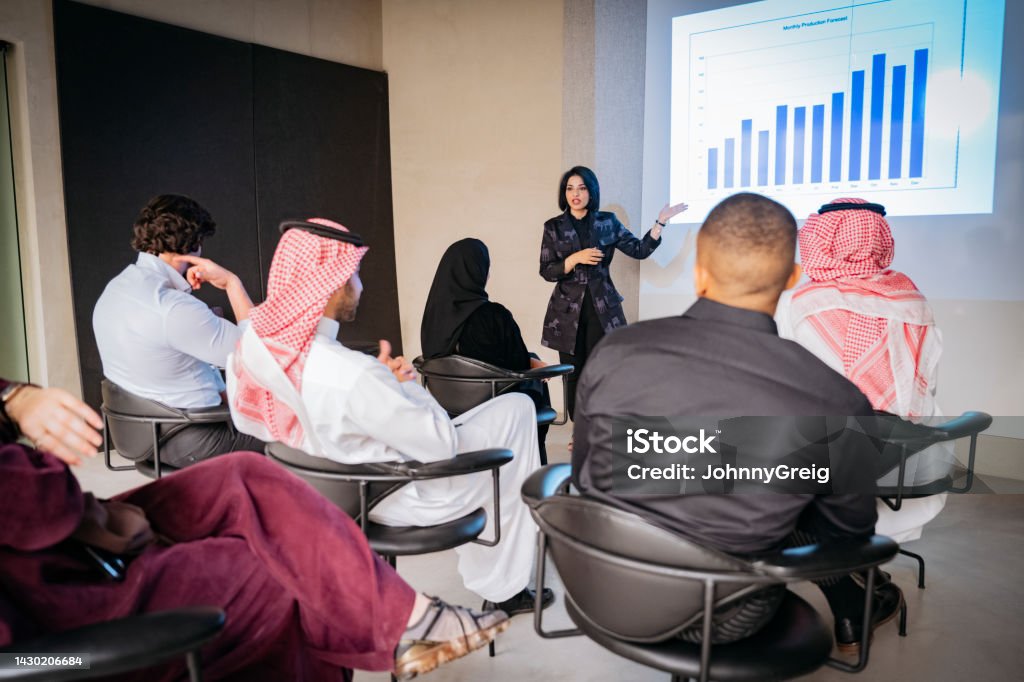 Middle Eastern business people listening to presentation Young female executive standing in front of Riyadh colleagues and delivering project update with financial data on infographic. Saudi Arabia Stock Photo