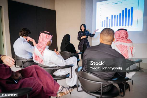 Middle Eastern Business People Listening To Presentation Stock Photo - Download Image Now