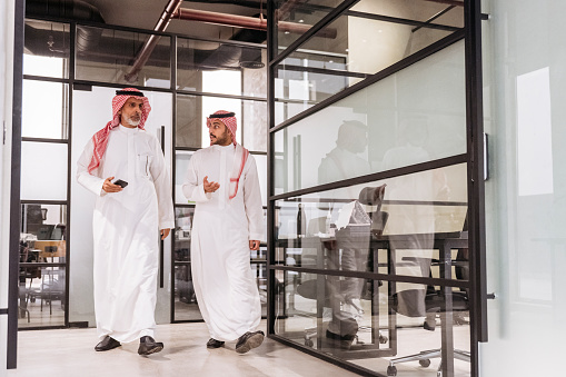 Profesionales de Riad caminando a la reunión en una oficina moderna photo