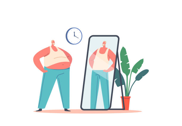 ilustrações de stock, clip art, desenhos animados e ícones de fat man look at mirror reflection and dreaming to be beautiful confident male character. distorted perception concept - overweight men people abdomen