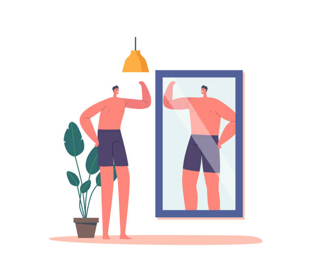 ilustrações de stock, clip art, desenhos animados e ícones de distorted inadequate perception concept. skinny man look at mirror reflection and dreaming to be strong male character - mirror reflection men individuality