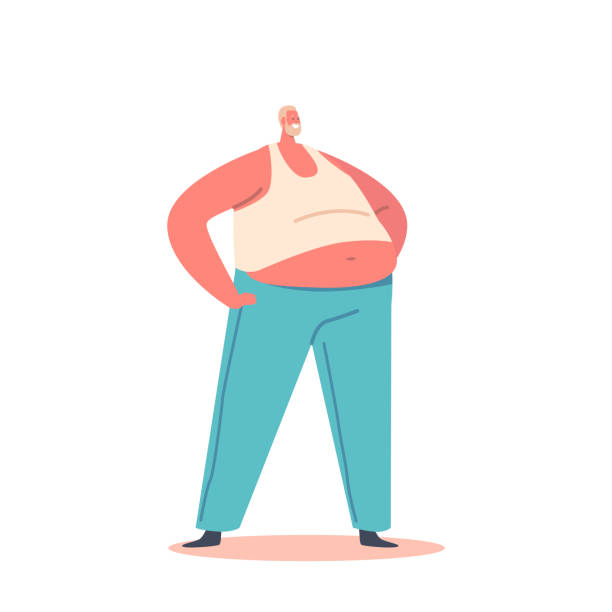 ilustrações de stock, clip art, desenhos animados e ícones de fat man with huge belly stand with arms akimbo isolated on white background. overweight male character illustration - bad habit