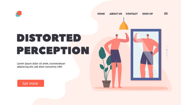 ilustrações de stock, clip art, desenhos animados e ícones de distorted perception landing page template.skinny man look at mirror reflection and dreaming to be strong male character - mirror reflection men individuality