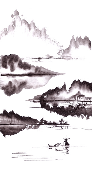 mountain lake landscape with boat and reflections Chinese style ink painting on rice paper. High quality illustration