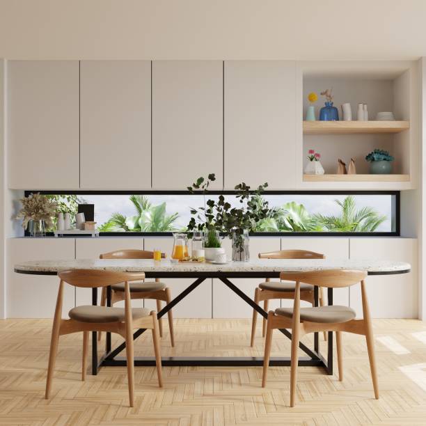 modern dining room interior design there is a kitchen in the back. - restaurant food color image nobody imagens e fotografias de stock