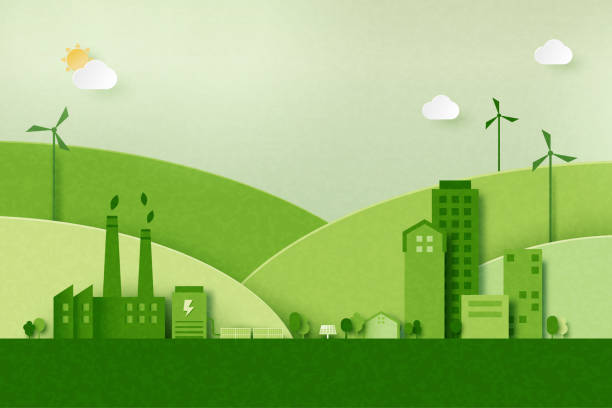 ilustraciones, imágenes clip art, dibujos animados e iconos de stock de industria verde y energías renovables alternativas. fondo verde paisaje urbano ecológico. paper art of ecology and environment concept. - sostenibilidad