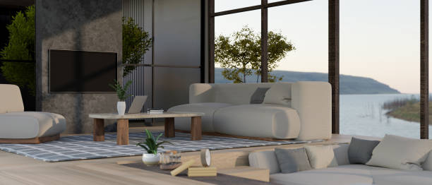 istock Modern contemporary home living room interior with comfortable couch, sunken relaxing space 1430220008