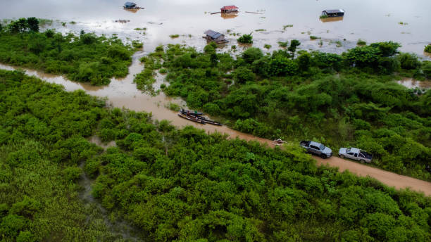 Aerial view of longtail boats in a green meadow is affected by flooding in the rainy season. Top view of the river flowing after heavy rains and flooding of a dirt road that cuts through rural grazing la vista aérea de los barcos de cola larga en un prado verde se ve afectada por las inundaciones en la temporada de lluvias. vista superior del río que fluye después de fuertes lluvias e inundaciones de un camino de tierra que atraviesa el pastoreo rura