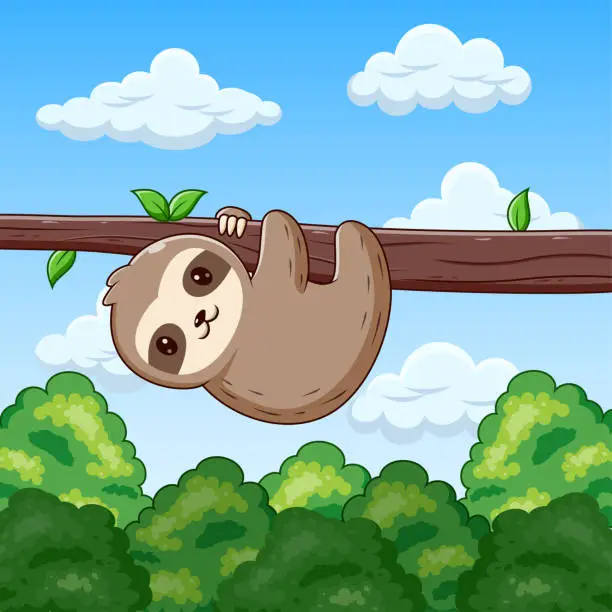 Vector illustration of Cute Sloth Hanging Hanging in the Forest Cartoon. Vector Cartoon Illustration