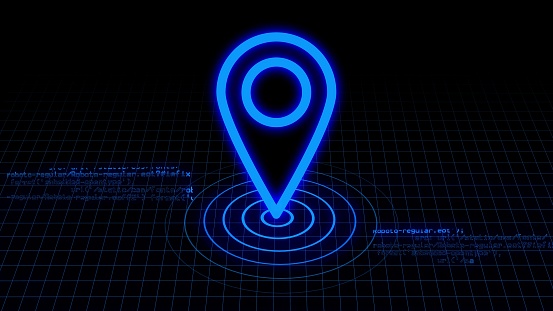 Glowing neon line location icon isolated on black background. abstract illustration background.