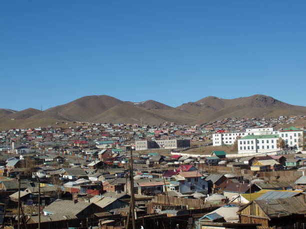 Tent (ger) communities in the barren mountain range, Sharhad district,  Ulaanbaatar, Mongolia. stock photo