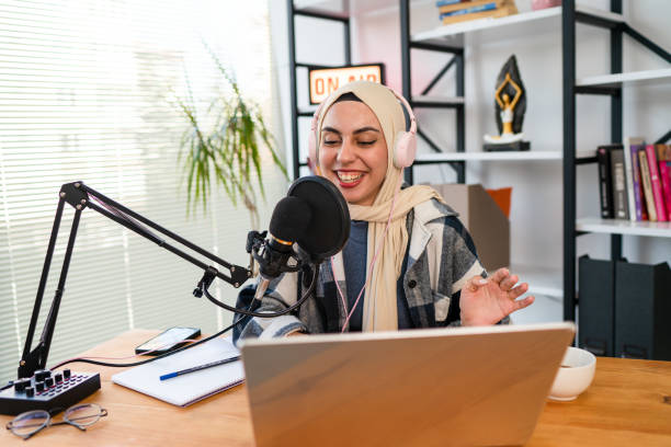istock Muslim Female podcaster live streaming show 1430229939