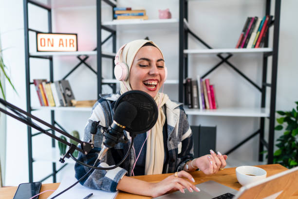 istock Muslim Female podcaster live streaming show 1430230204
