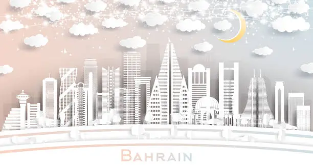 Vector illustration of Bahrain City Skyline in Paper Cut Style with White Buildings, Moon and Neon Garland.