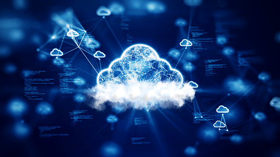 Cloud and edge computing technology concepts with cybersecurity data protection. A large cloud icon over a prominent white cloud in the center. polygon connection code on dark blue background.