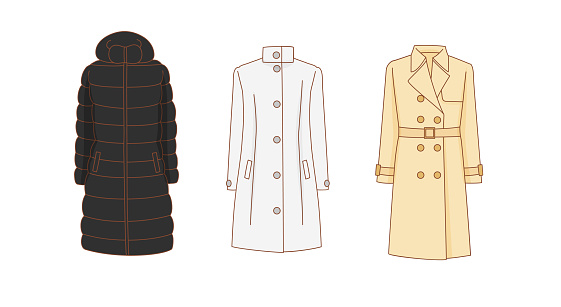 This is a set of illustrations depicting different types of outerwear.