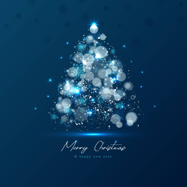 magischer weihnachtsbaum aus blauem licht auf dunklem hintergrund - backgrounds blank winter design element stock-grafiken, -clipart, -cartoons und -symbole