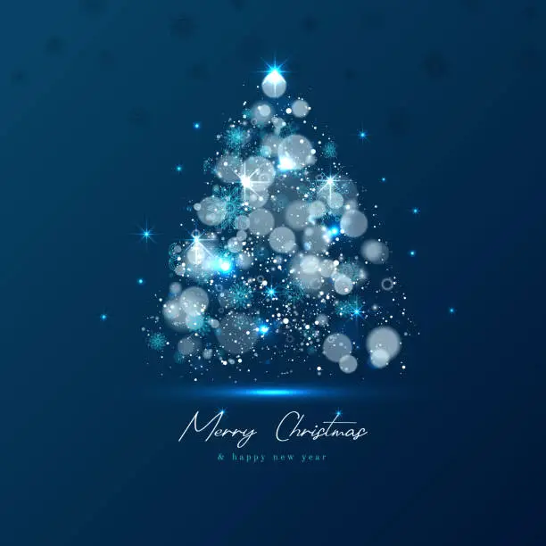 Vector illustration of Magic Xmas tree made from blue lights on dark background