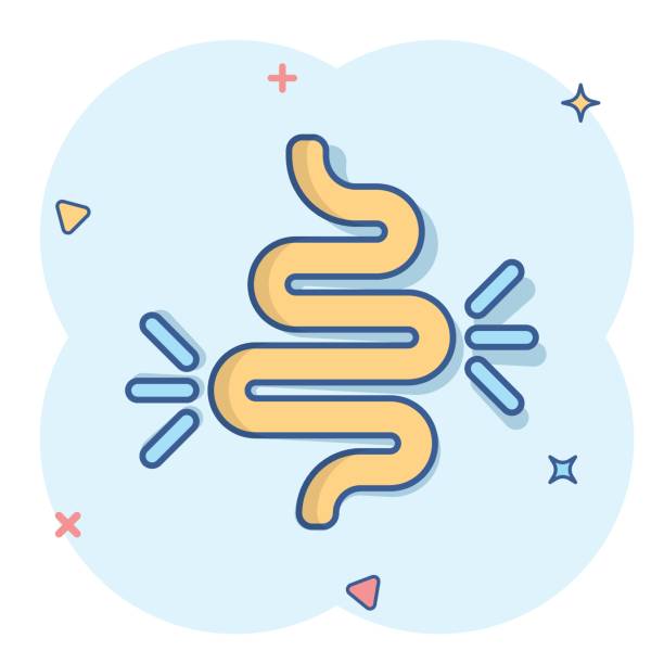 illustrations, cliparts, dessins animés et icônes de icône de constipation d'intestin dans le modèle comique. illustration de dessin animé de vecteur de colite sur le fond isolé blanc. effet d'éclaboussure de concept d'entreprise d'estomac. - maux destomac