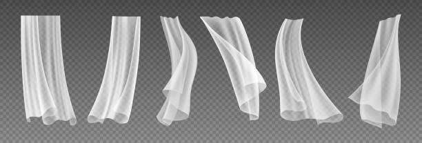 Window tulle or curtains for home interior design. Isolated realistic sheer voile of soft fabric. Covering hanging, blown by wind from outside. Vector illustration set Window tulle or curtains for home interior design. Isolated realistic sheer voile of soft fabric. Covering hanging, blown by wind from outside. Vector illustration set translucent stock illustrations