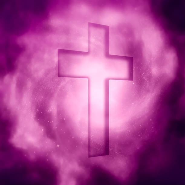 istock Christianity cross with spiral galaxy. 3D render 1430243186