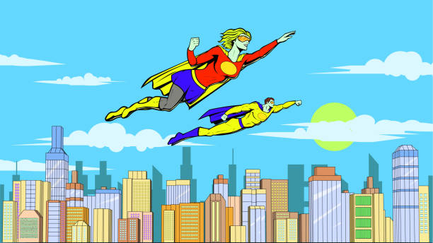istock Vector Retro Pop Art Superhero Couple Flying in a City Stock Illustration 1430243562