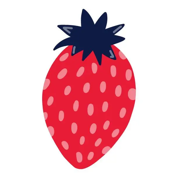 Vector illustration of Cute vector hand drawn strawberry isolated on background. Green nature. Vegetarian and vegan food. Sweet summer seasonal fruit. Whole berry with leaves and seed. For stickers, meny restaurants, design