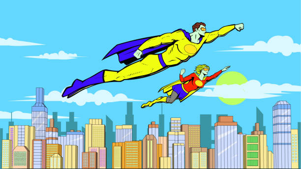 istock Vector Retro Pop Art Superhero Couple Flying in a City Stock Illustration 1430245359