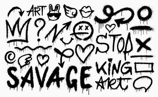 Set of graffiti spray pattern. Vector symbols, heart, art, crown, thunder, devil, arrow with spray texture. Elements black design on white background for banner, poster, decoration, street art and ads