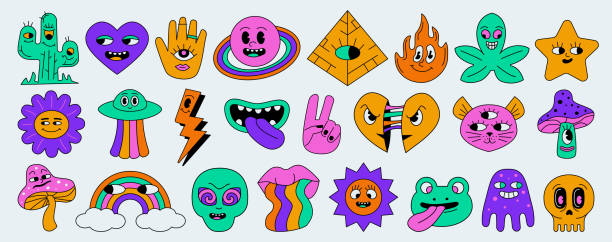 A set of characters in the style of an acid old cartoon with an outline and emotions. vector art illustration