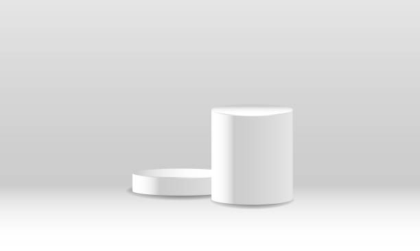 istock pedestal podium mockup. Abstract white 3D vector room with realistic white cylinder pedestal podium set. Minimal scene for product display presentation. Vector geometric platform. Stage for showcase. 1430252514