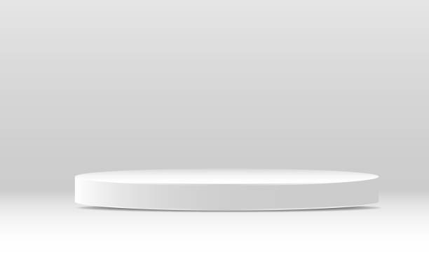 istock pedestal podium mockup. Abstract white 3D vector room with realistic white cylinder pedestal podium set. Minimal scene for product display presentation. Vector geometric platform. Stage for showcase. 1430252548