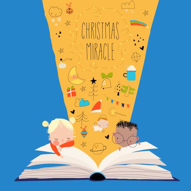 ilustraciones, imágenes clip art, dibujos animados e iconos de stock de niños sentados cerca de big open book y esperando milagros de navidad - computer graphic child snowflake vector