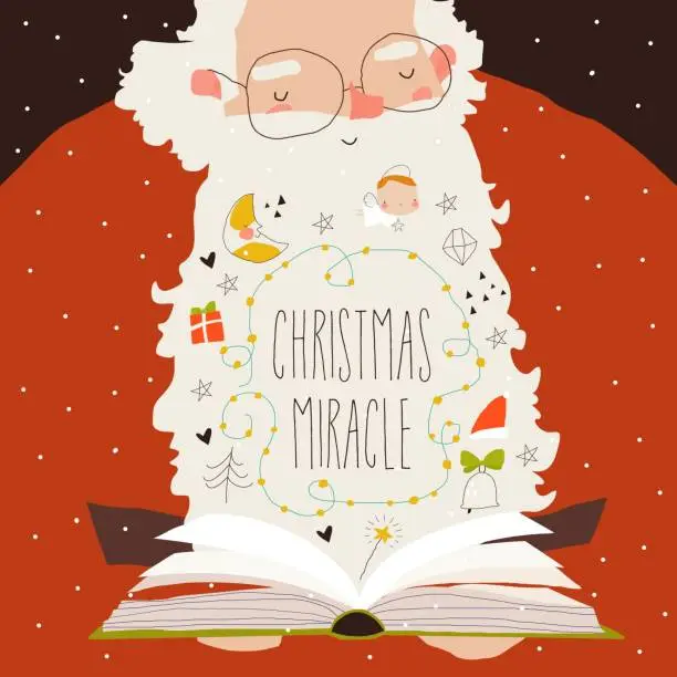 Vector illustration of Cartoon Santa Claus reading Book and preparing for Magic Christmas
