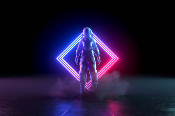 istock Astronaut stands in front of neon lighting frame 1430256712